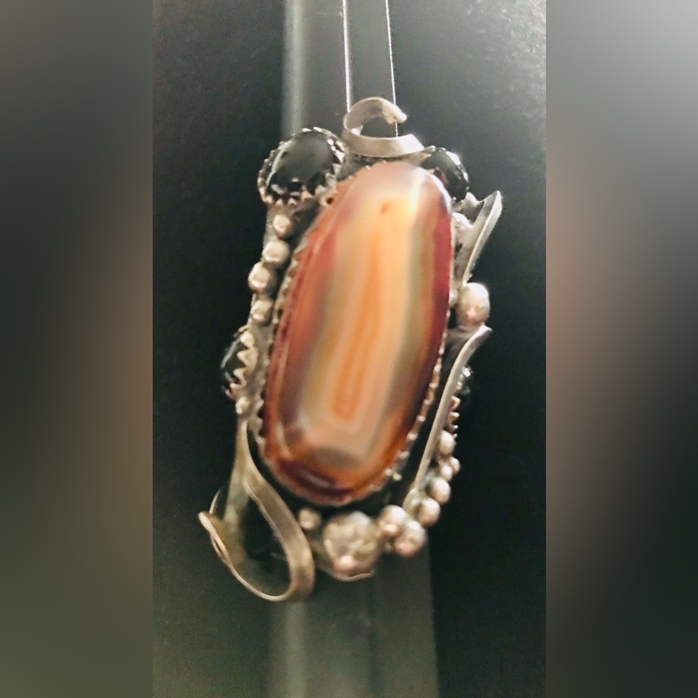 SOLD Huge sterling silver RING large agate & black cats eye stones Artisan